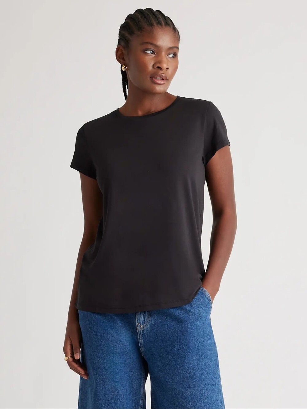 Quince Cotton Modal Crew Neck Swing Tee, Black, L